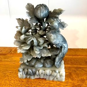 Antique Chinese soapstone peacock and flowers statue
